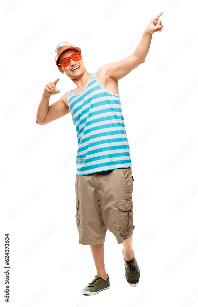 Pointing fun, man and happy with party clothing and smile with silly glasses. Young male person, sho