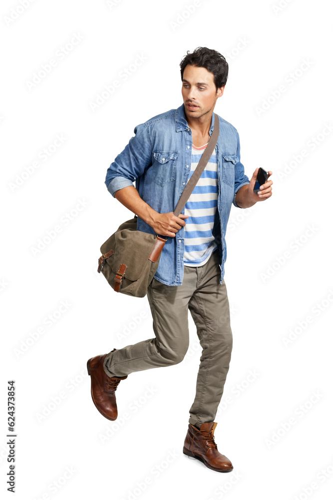 Isolated student man, bag and rush for travel, transport and late for college by transparent png bac