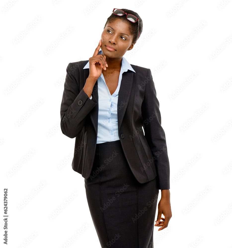 Doubt, African business woman, thinking or idea for job, goal or dream, isolated by transparent png 