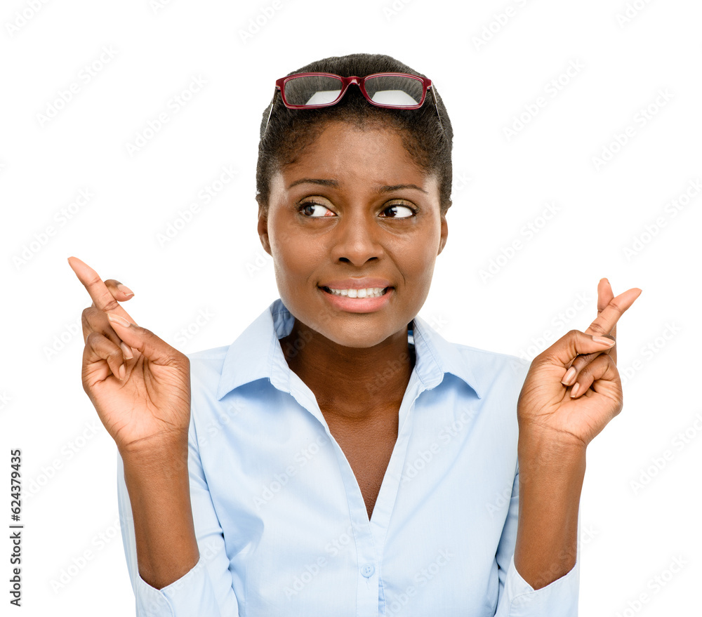 Black woman, thinking and fingers crossed for luck or hope isolated on a transparent PNG background.