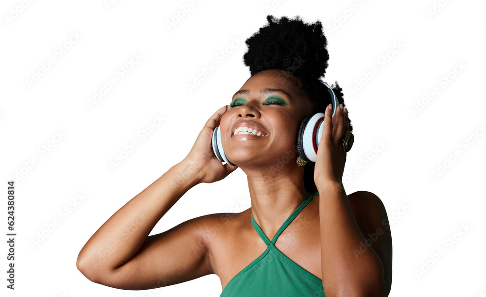 Isolated African woman, headphones and excited with music, fashion or smile by transparent png backg