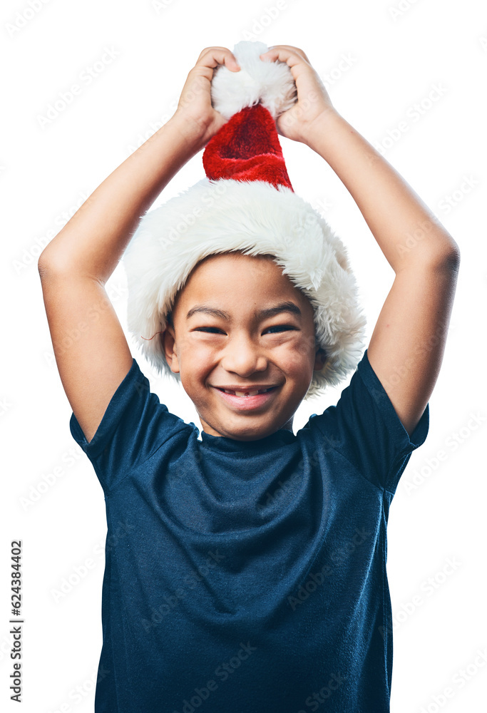 Christmas hat, face and excited child with celebration and funny portrait isolated on transparent pn