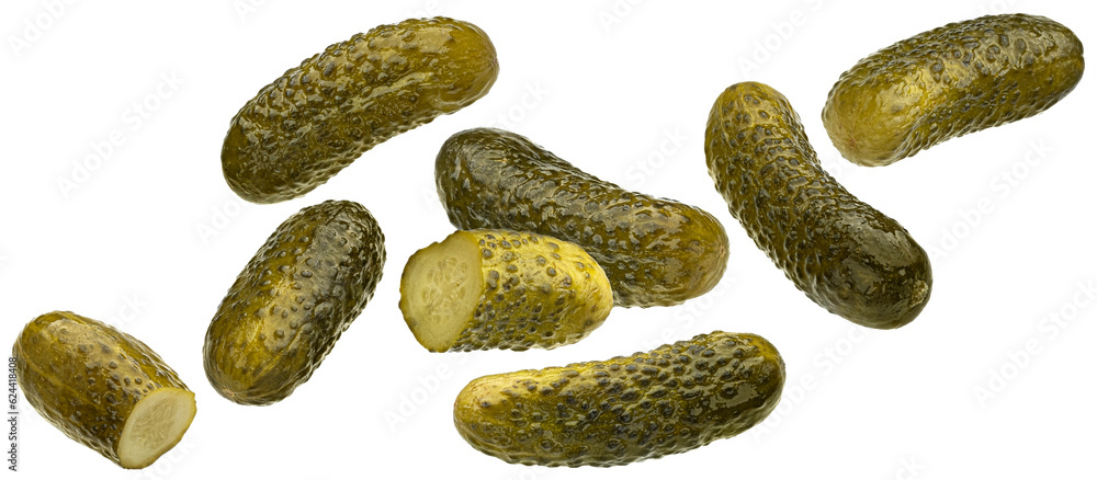 Marinated cucumbers, pickled gherkins isolated on white background