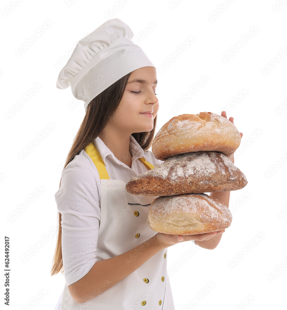 Little baker with loaves of fresh bread on white background