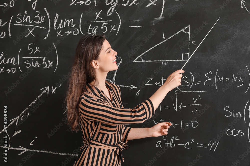 Female Math teacher with pointer conducting lesson near blackboard in classroom