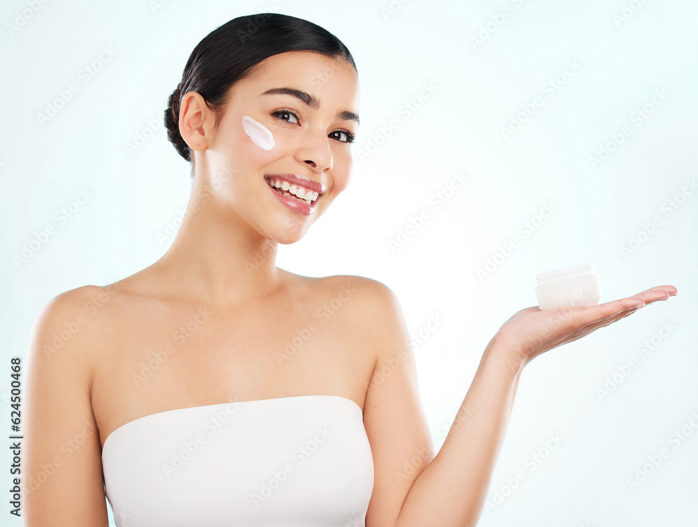 Skincare, face and woman with sunscreen container in studio isolated on white background. Portrait, 