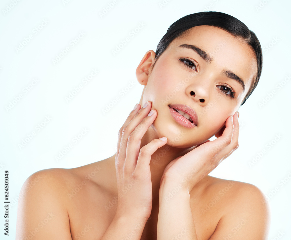 Face, beauty skincare and serious woman in studio isolated on a white background. Portrait, natural 