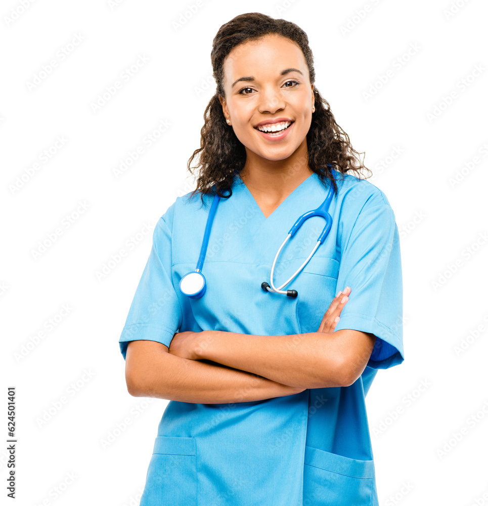 Healthcare, portrait of woman nurse and smile against a white background with stethoscope. Health we