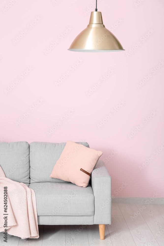 Interior of living room with sofa near pink wall