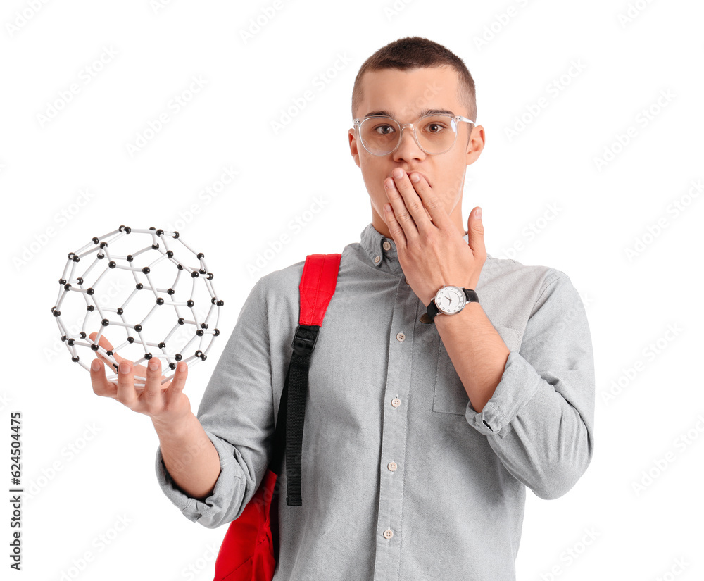 Shocked male student with molecular model on white background