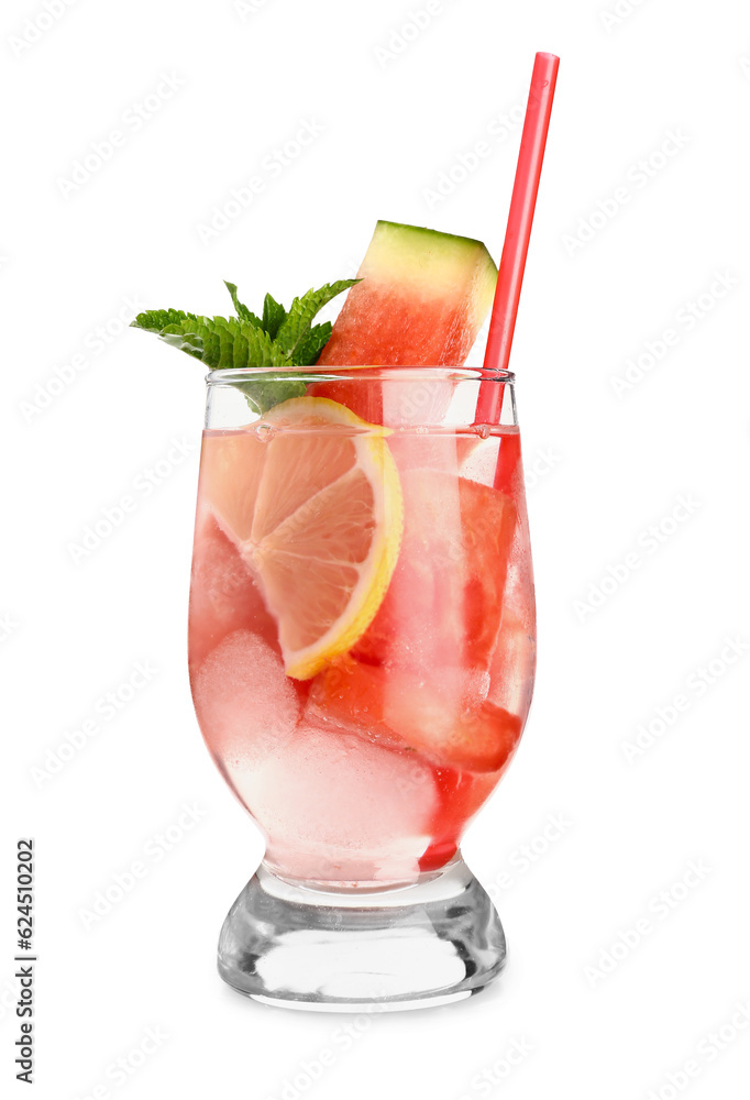 Glass of fresh watermelon lemonade and mint on white background