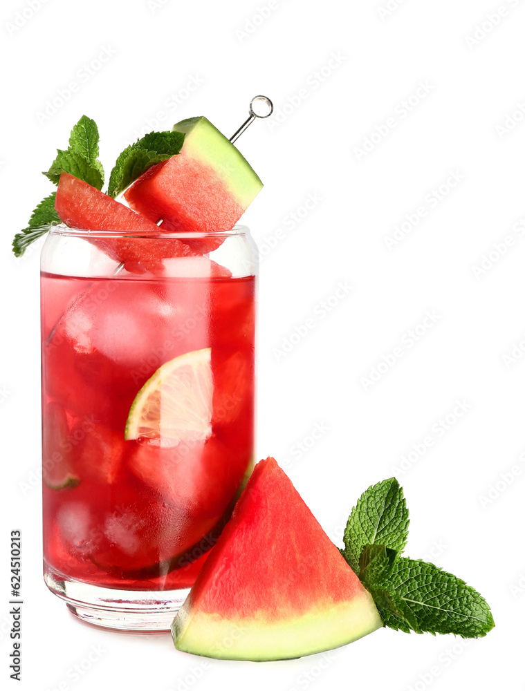 Glass of fresh watermelon lemonade and mint on white background