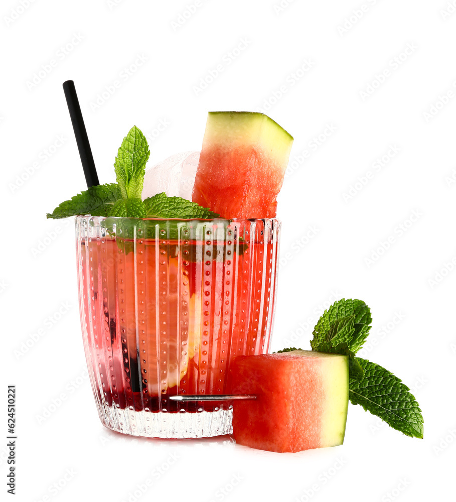 Glass of fresh watermelon lemonade and mint on white background