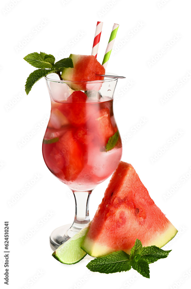 Glass of fresh watermelon lemonade and mint on white background