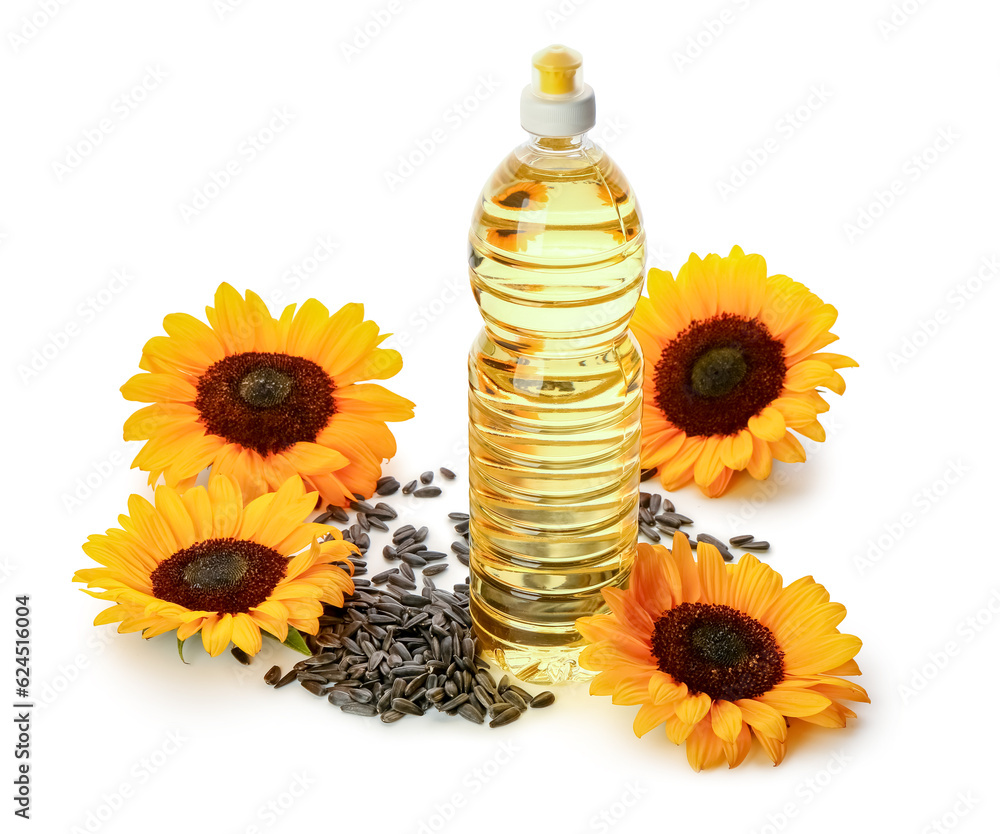 Bottle of sunflower oil on white background