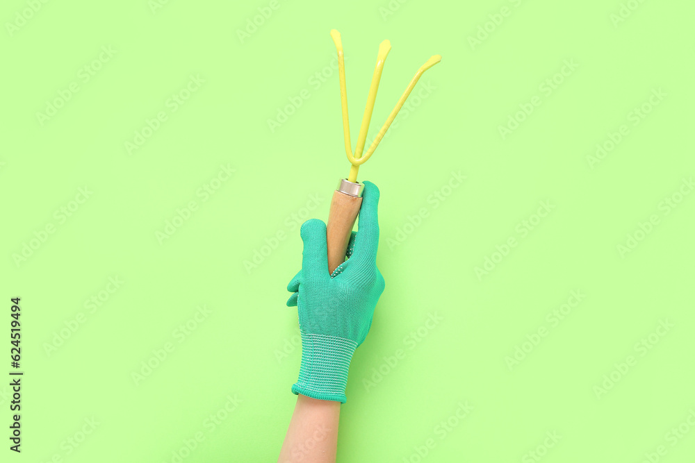 Woman with gardening rake on green background