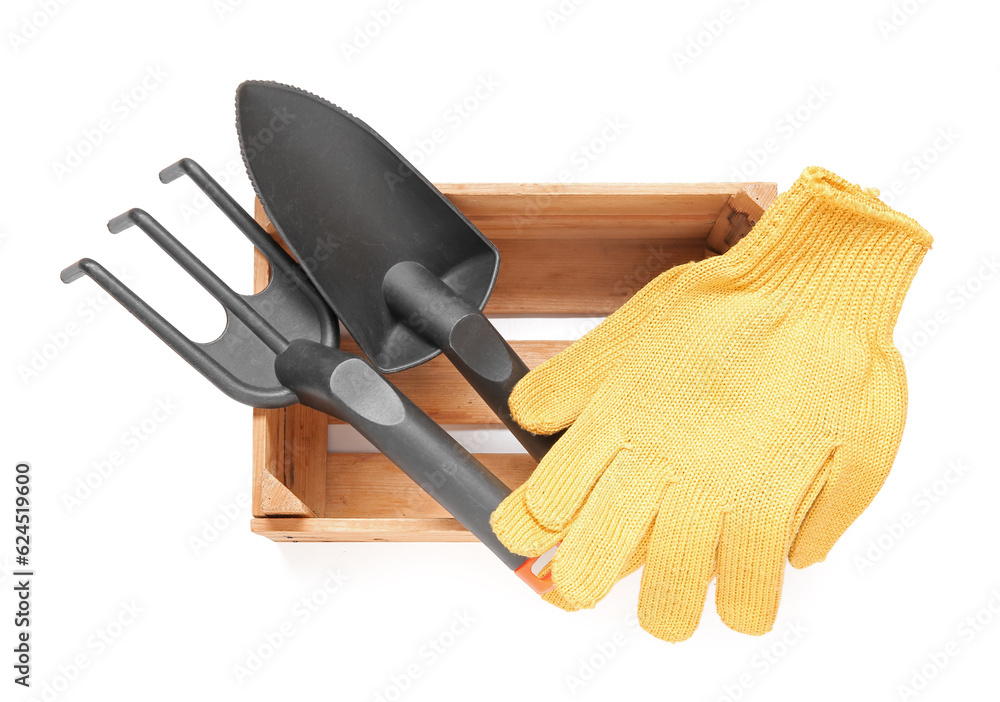 Wooden box with different gardening tools on white background