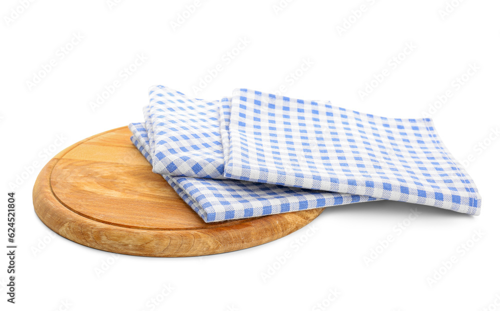 Wooden kitchen board and clean napkins isolated on white background