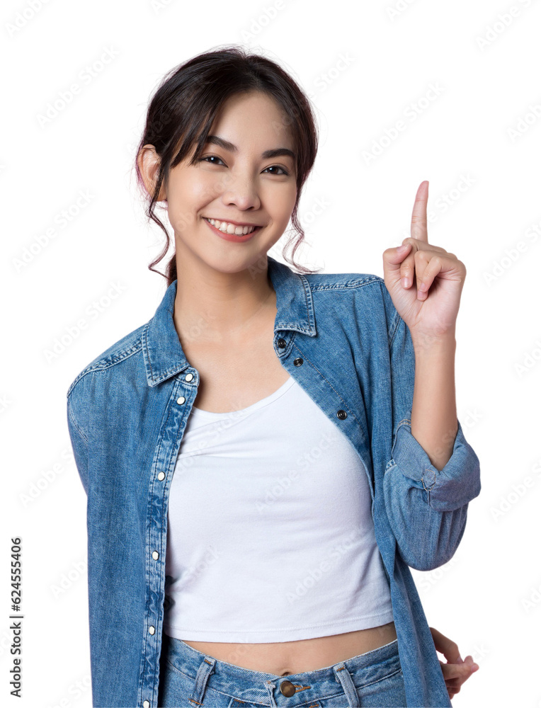 Young Asian woman showing and pointing up with finger number one isolated pink color background