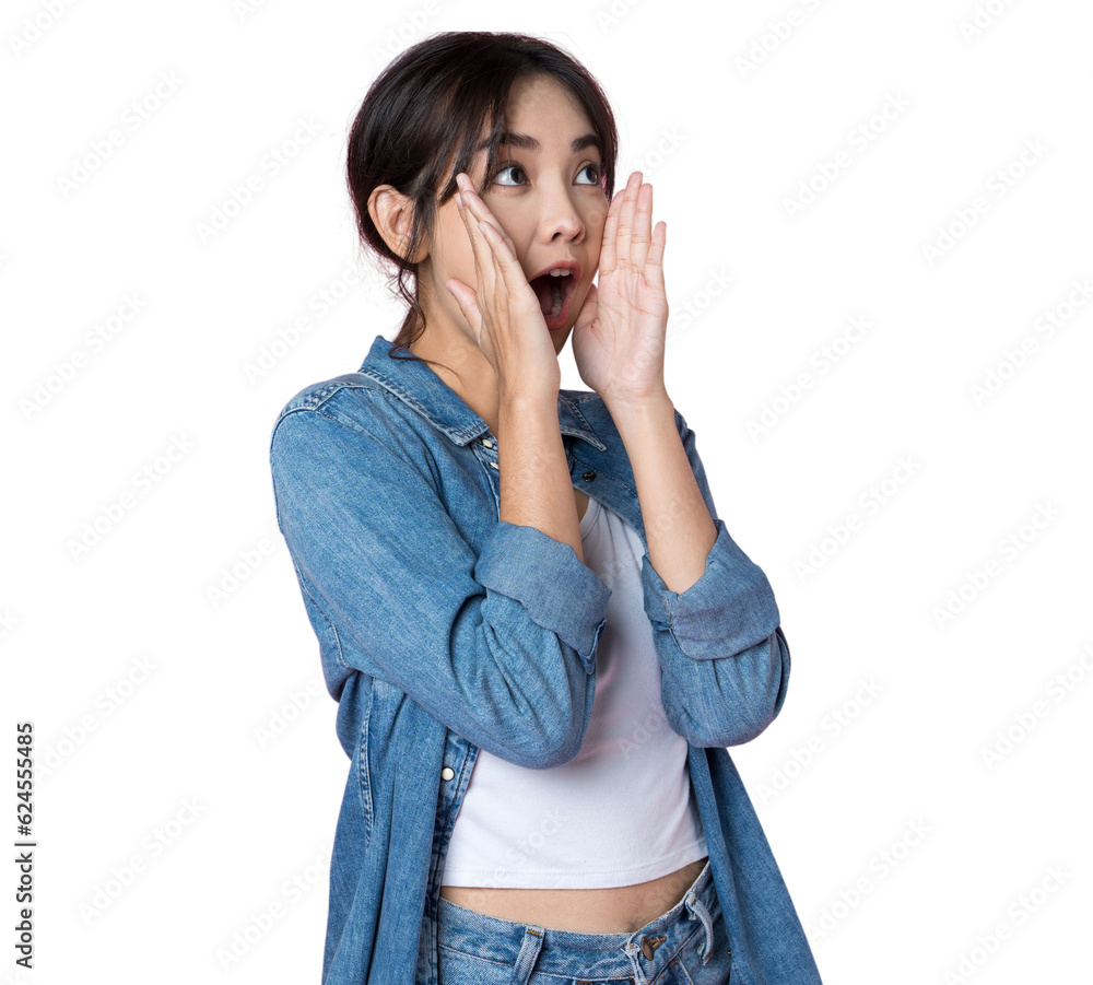 Young Asian woman doing a shocked surprise gesture shouting with hands cupped around mouth isolated 