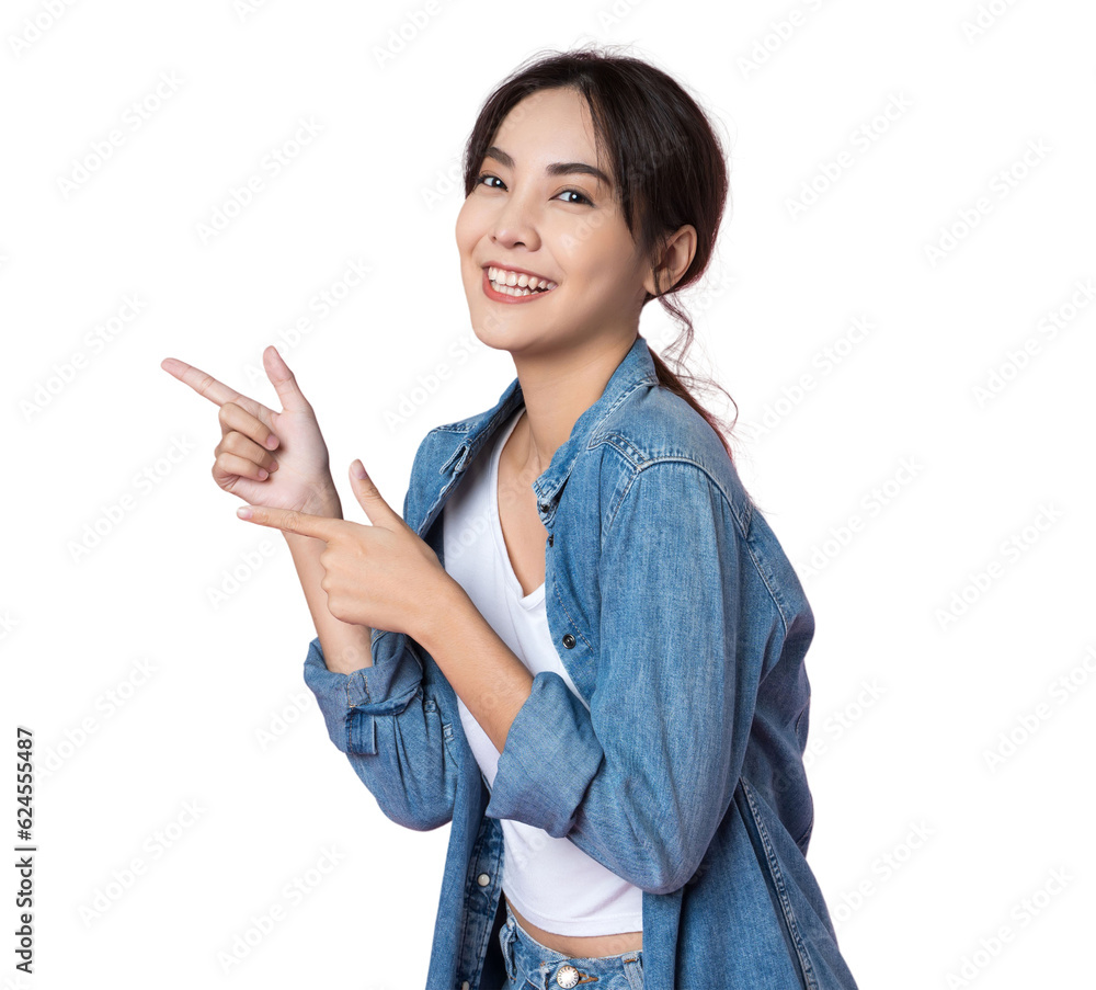 Young Asian woman showing and pointing up with finger number one isolated background