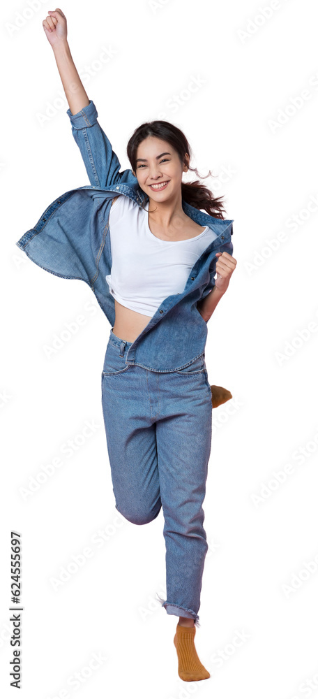 Elegant young Asian woman raises her arm and leg in a studio shot, expressing happiness and success 