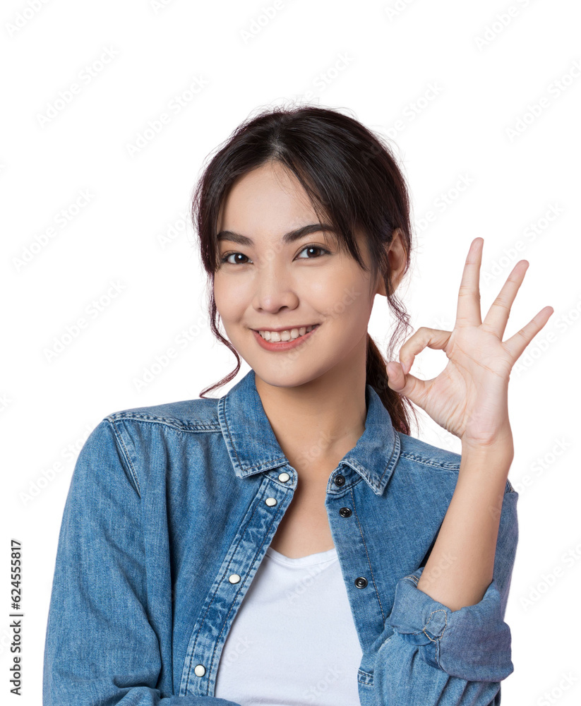 Young Asian woman showing ok sign on hand isolated background