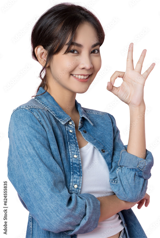 Young Asian woman showing ok sign on hand isolated background