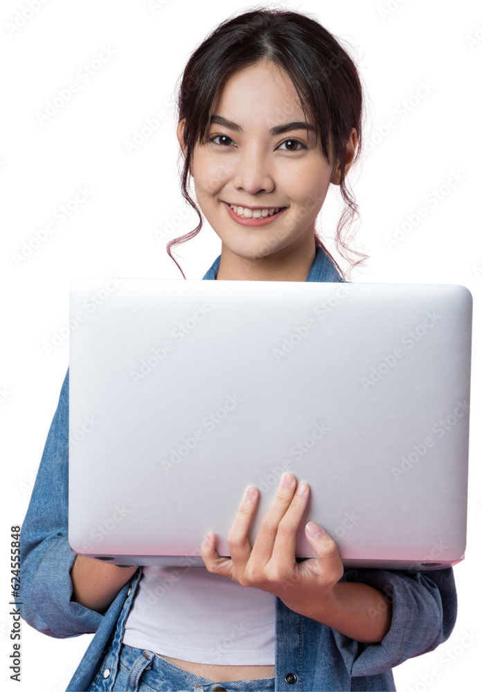 Young Asian college student working with a laptop computer, looking directly at the camera in a stud