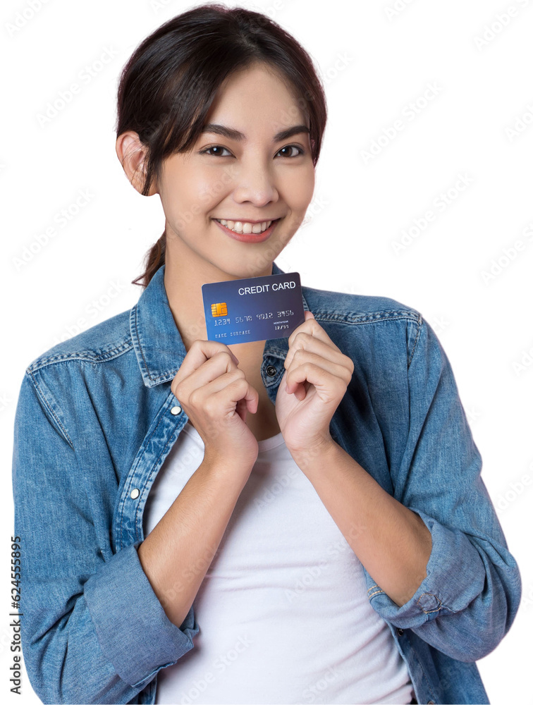 Young Asian woman showing blank credit card isolated background