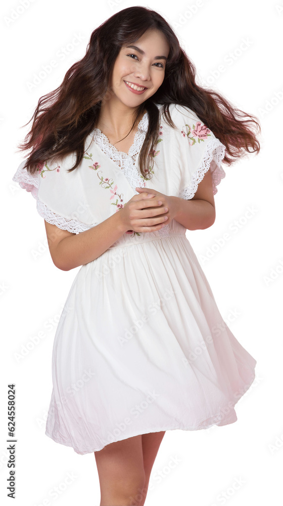 Portrait young Asian woman in cute dress isolated background.