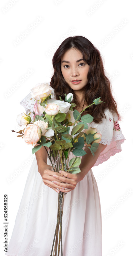 Young Asian woman holding a bouquet on hand isolated background