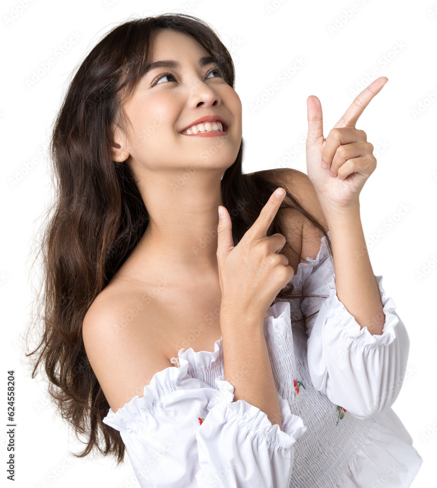 Young Asian woman pointing fingers up to empty space isolated background