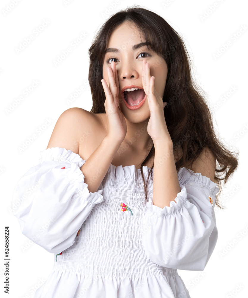 Young Asian woman doing a shocked surprise gesture shouting with hands cupped around mouth isolated 