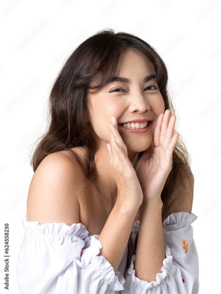 Young Asian woman doing a shocked surprise gesture shouting with hands cupped around mouth isolated 