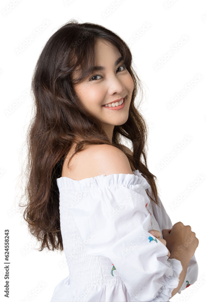 Portrait young Asian woman in cute dress isolated background.