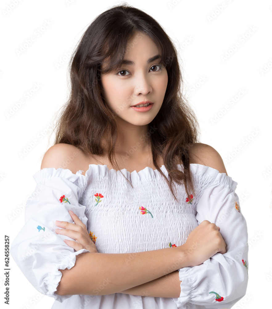 Portrait young Asian woman in cute dress isolated background.