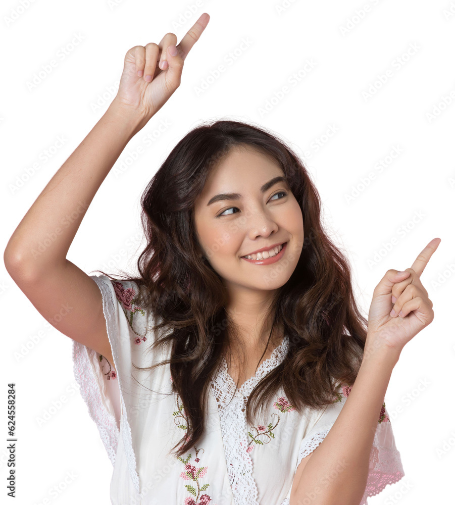 Young Asian woman pointing fingers up to empty space isolated background