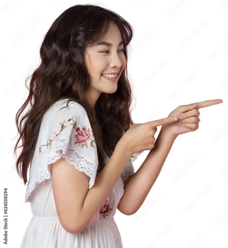 Young Asian woman pointing fingers up to empty space isolated background