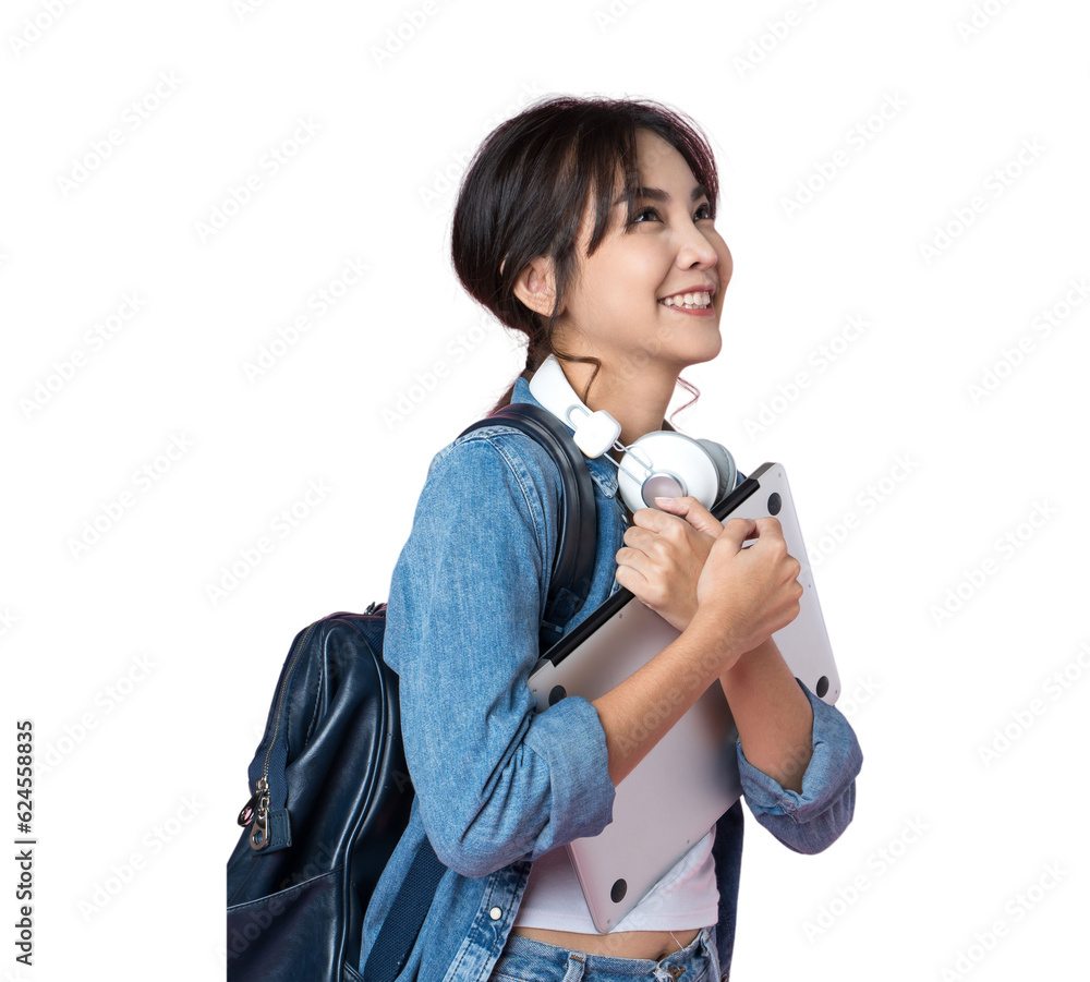 Portrait of young Asian woman student standing with smartphone coffee and backpack.College Teenager 