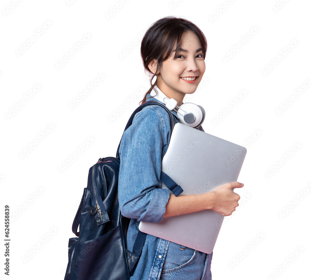 Portrait of young Asian woman student standing with smartphone coffee and backpack.College Teenager 