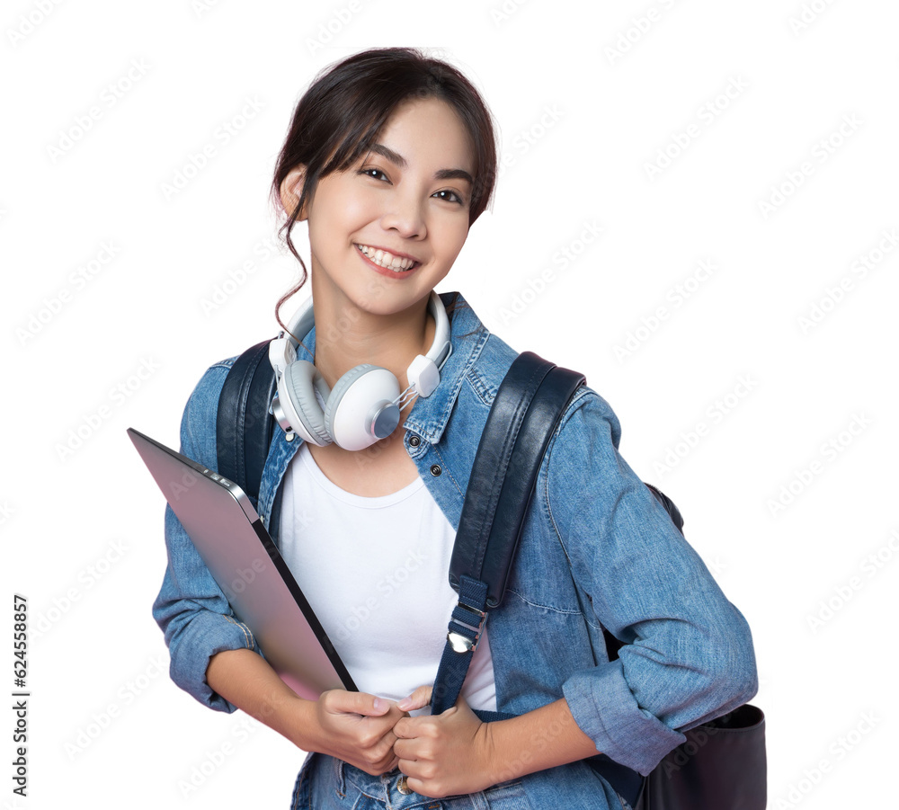 Portrait of young Asian woman student standing with smartphone coffee and backpack.College Teenager 