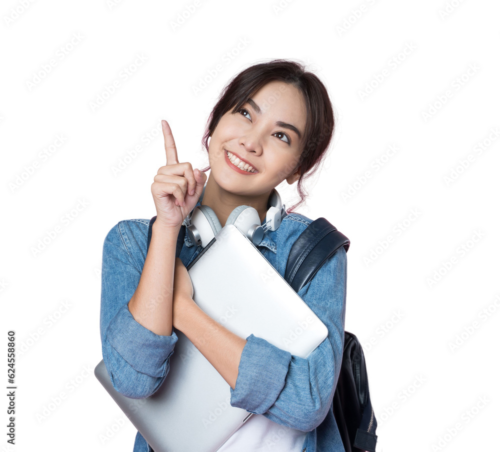 Young Asian woman texting message using mobile phone application on isolated background