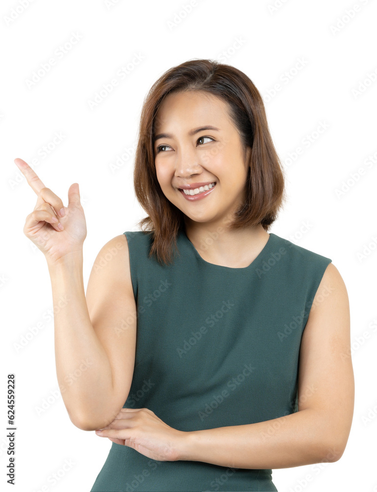 Young smiling Asian woman pointing finger sideways to copy space