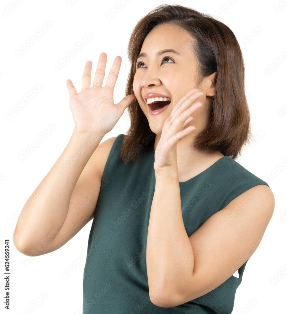 Young Asian woman doing a shocked surprise gesture shouting with hands cupped around mouth isolated 