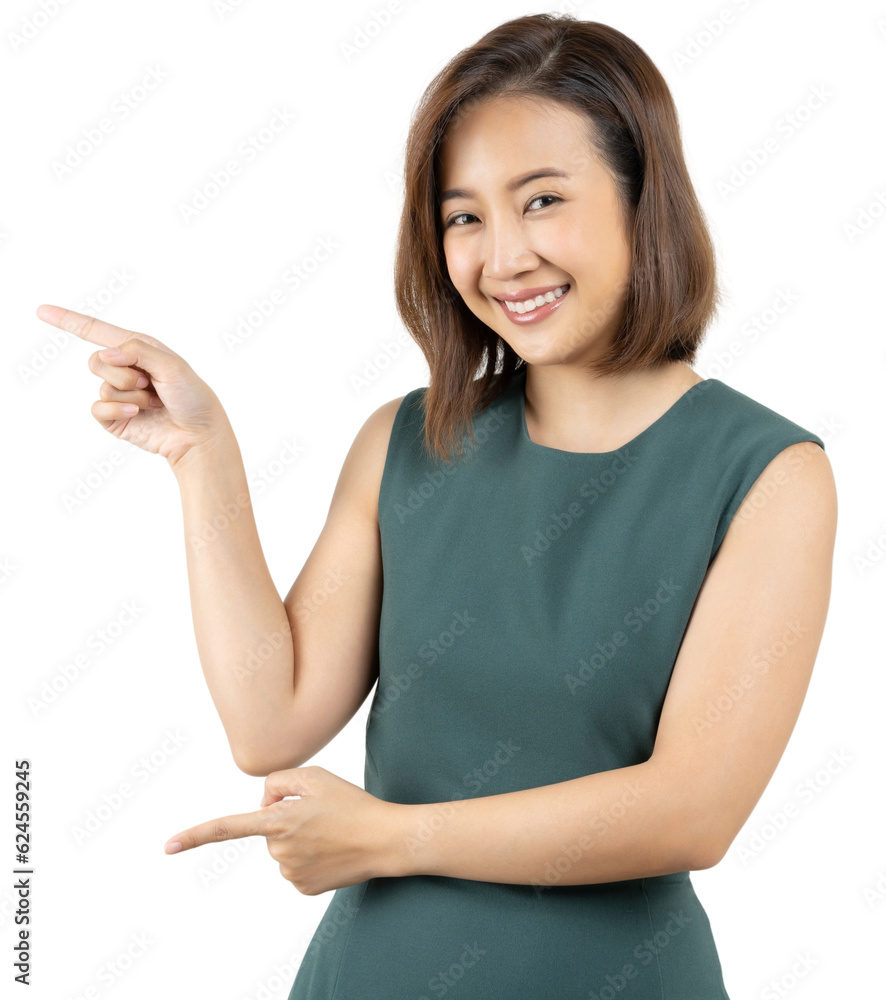 Young smiling Asian woman pointing finger sideways to copy space