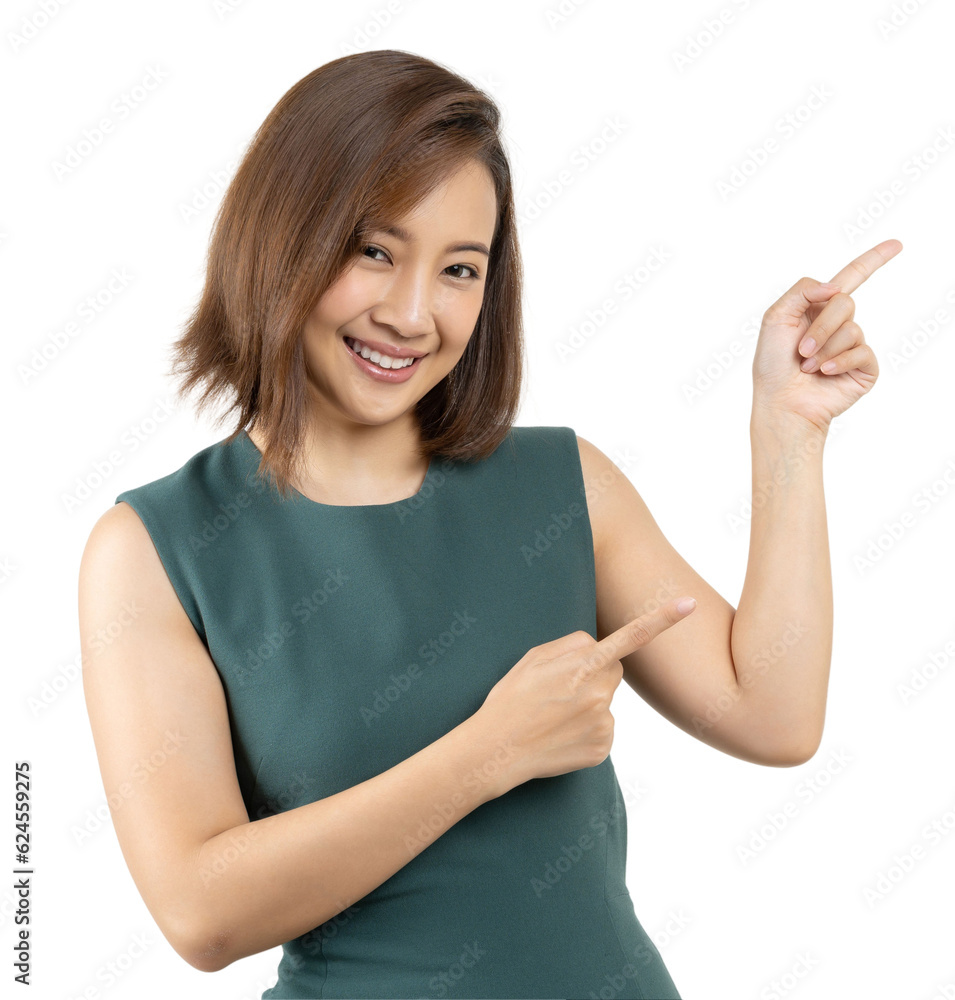 Young smiling Asian woman pointing finger sideways to copy space