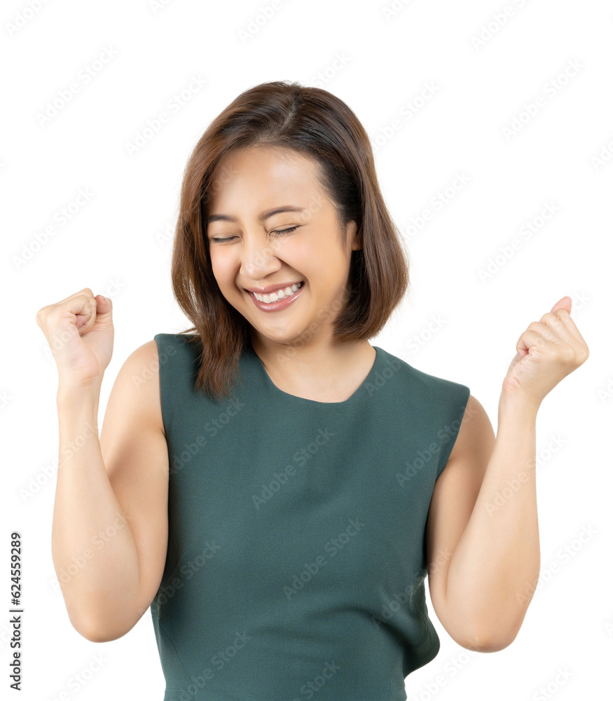 Young Asian cheerful excited girl say yes, looking happy and celebrating victory rejoice success fis