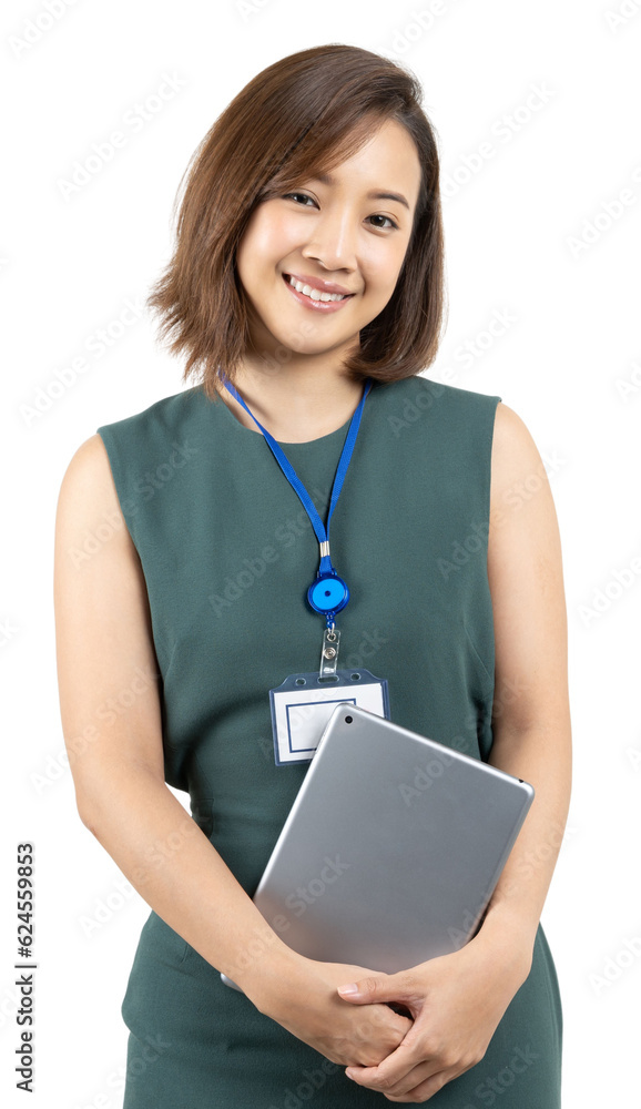 Portrait of young Asian business woman smiling and holding laptop white isolate background