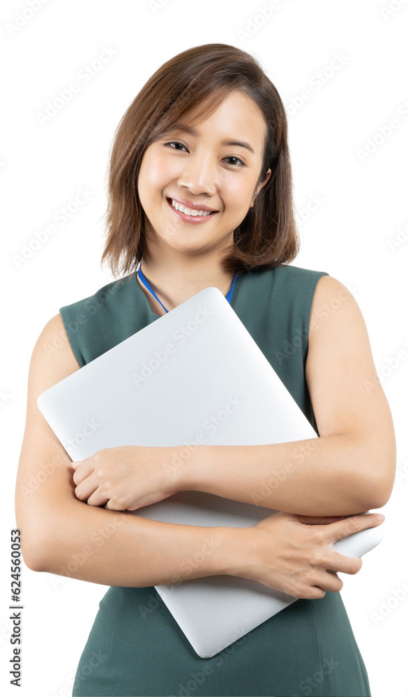 Portrait of young Asian business woman smiling and holding laptop white isolate background